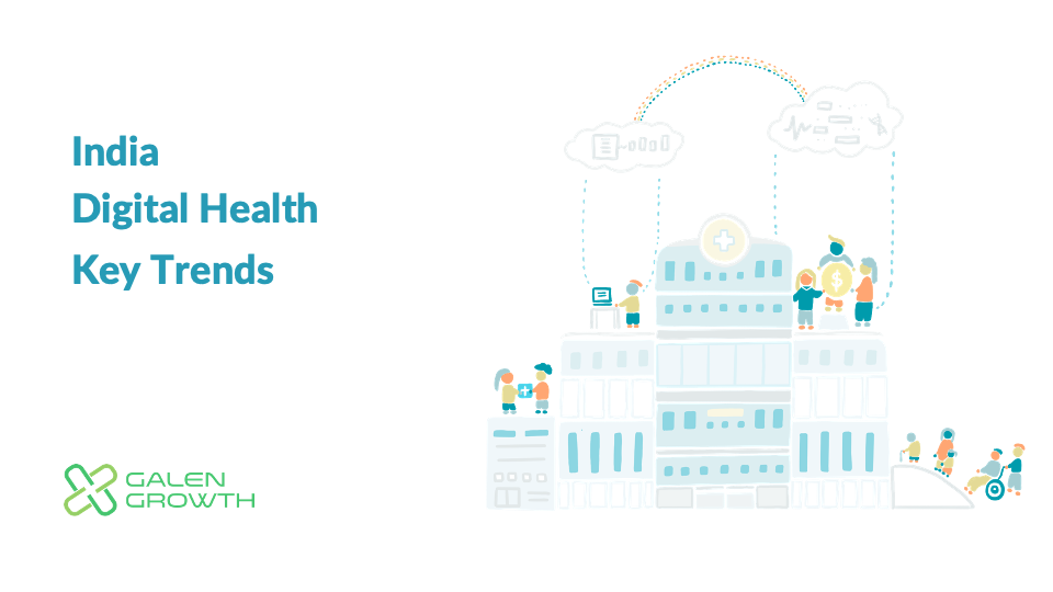 India digital health key trends, illustrated with hospital, people, and technology symbols.