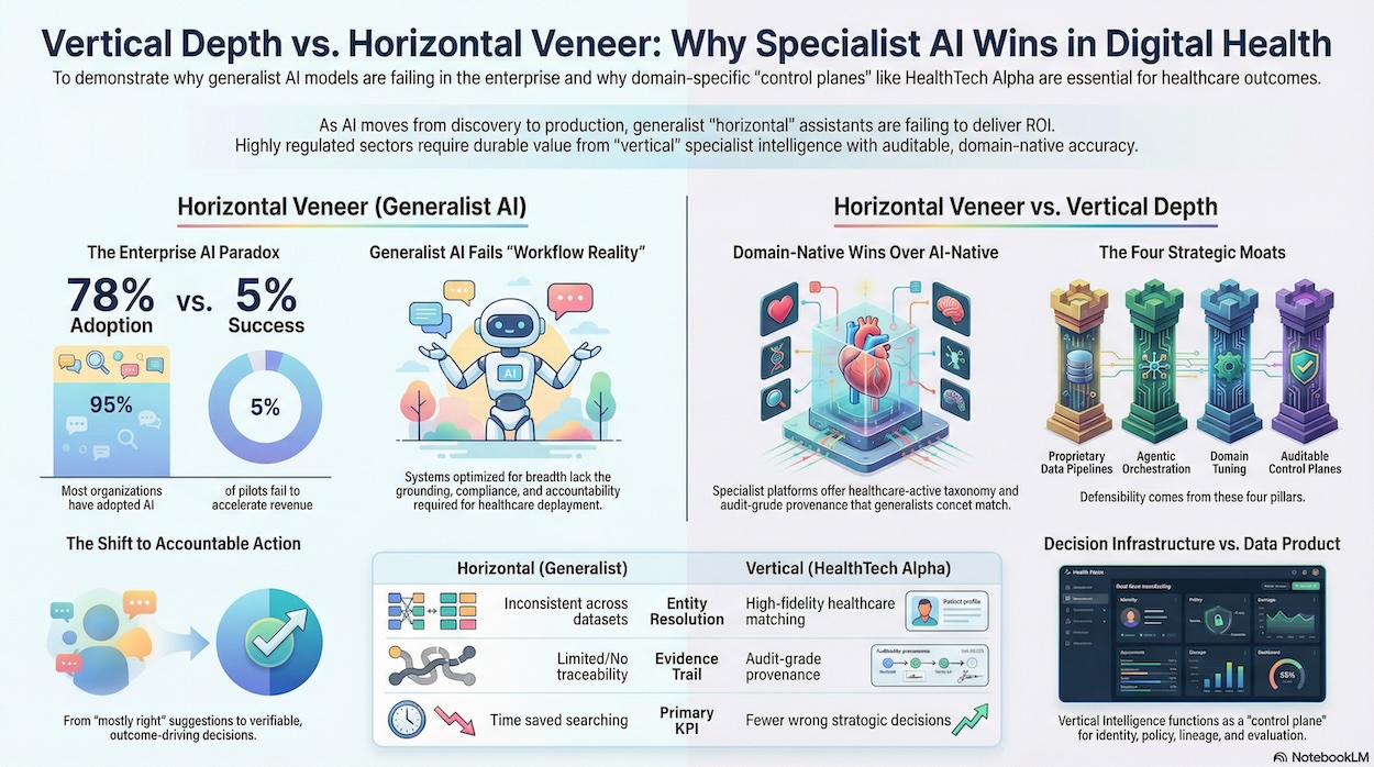 Vertical vs horizontal AI in healthcare showing why specialist Digital Health Intelligence platforms outperform generalist models in the agentic AI era.